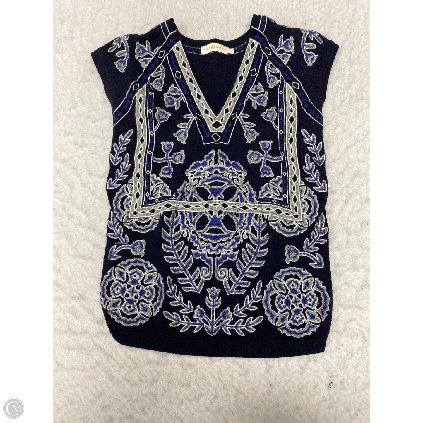 Top Short Sleeve Designer By Tory Burch In Blue & Grey, Size: S