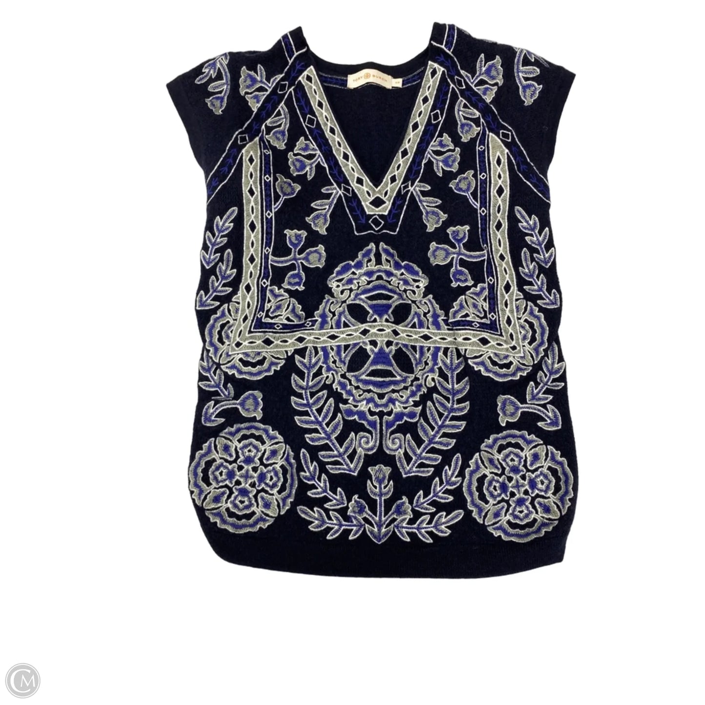 Top Short Sleeve Designer By Tory Burch In Blue & Grey, Size: S