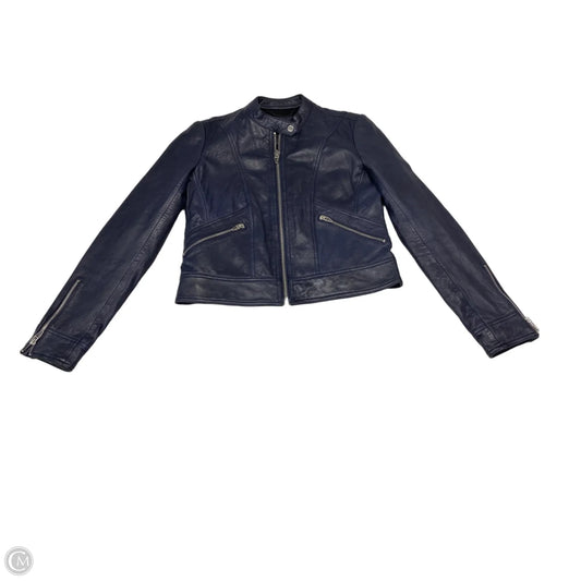 Jacket Moto Leather By Andrew Marc In Navy, Size: S