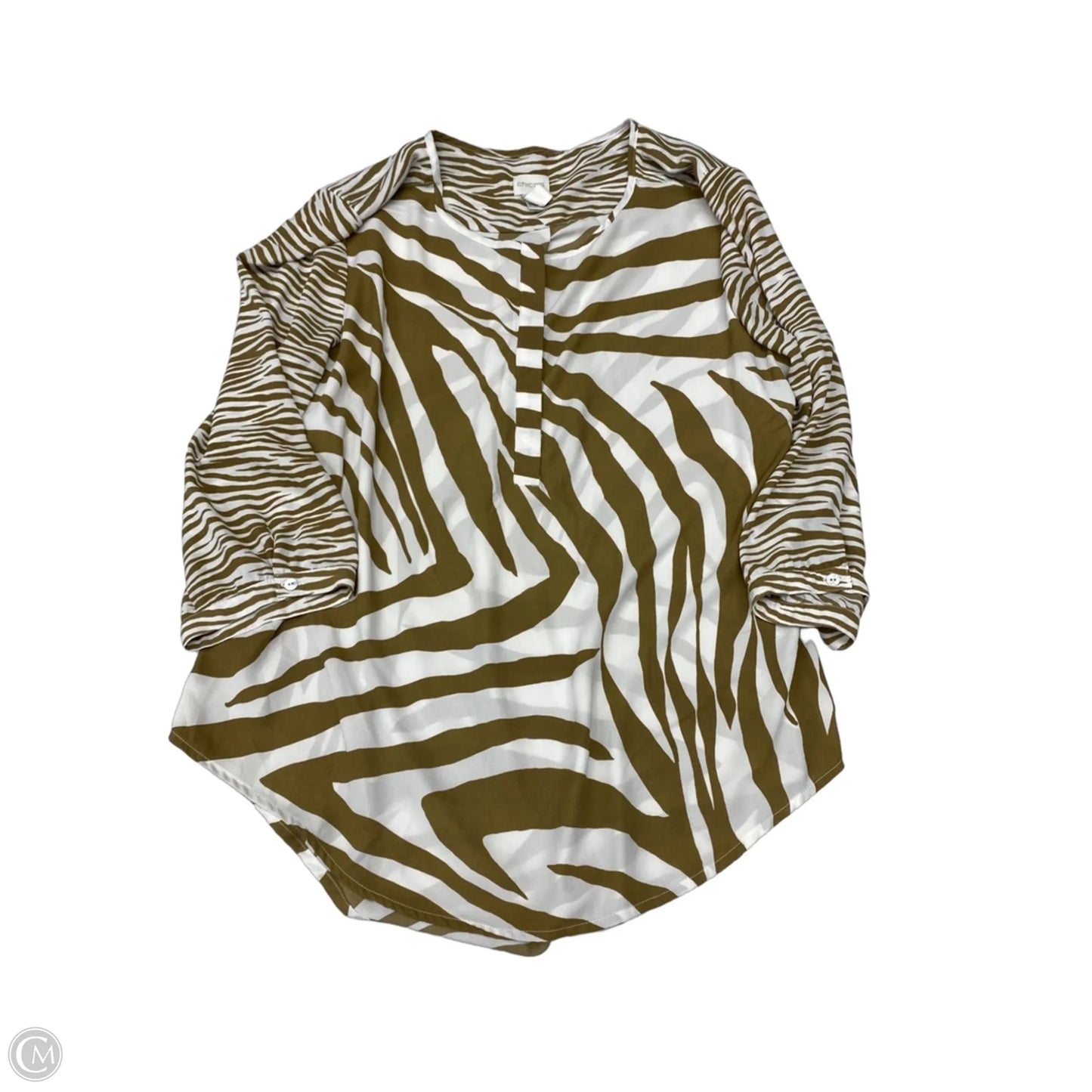 Blouse Long Sleeve By Chicos In Brown & Cream, Size: L